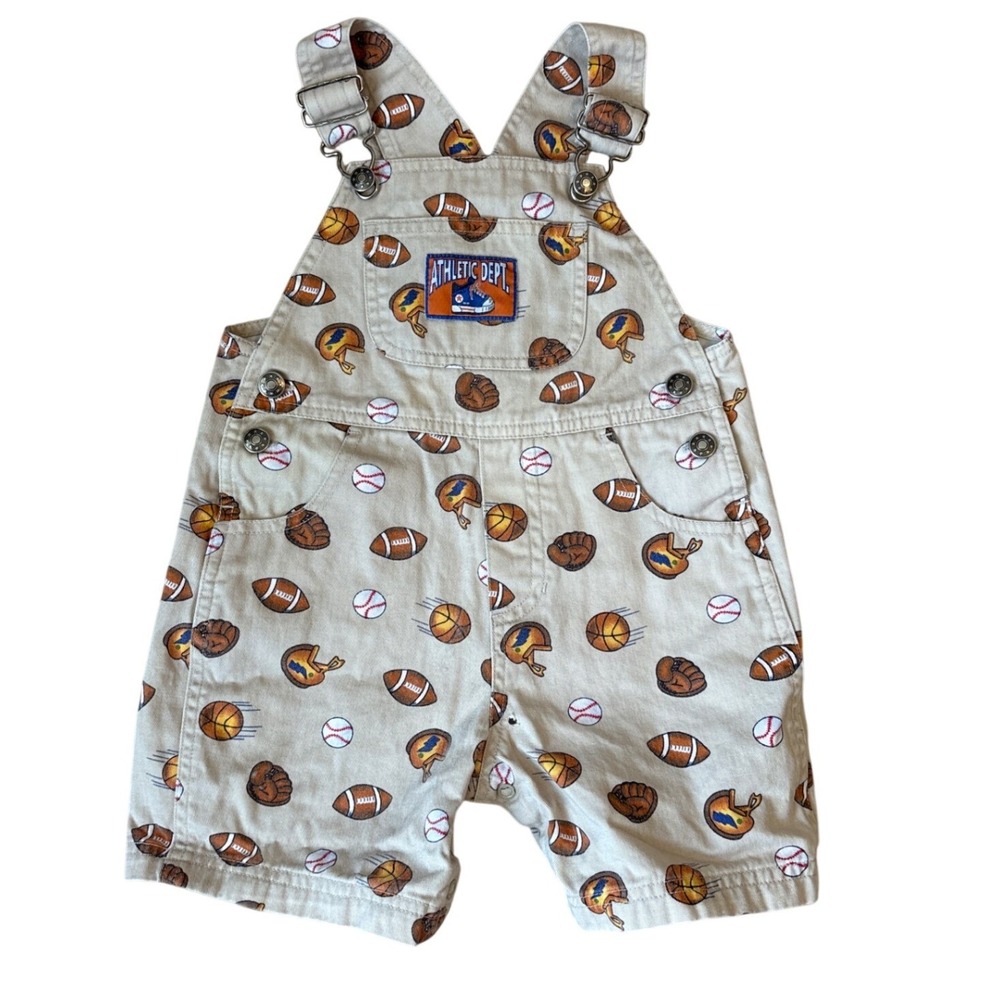 Simply Basic Shortall Overalls Kids Tan Vintage Sports Print SIZE 24M